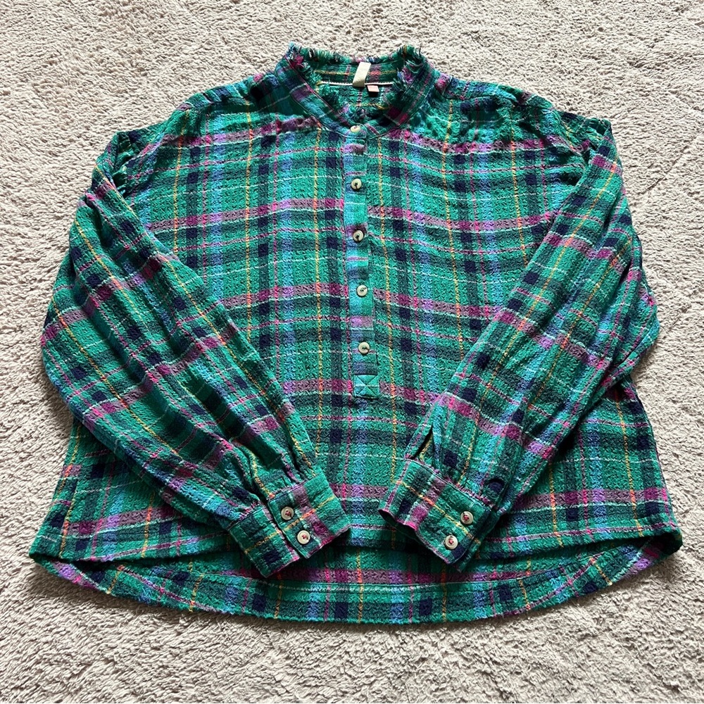 Anthropologie Pilcro Puff Sleeve‎ Crinkle Plaid Blouse Preppy Western Rodeo Sz S